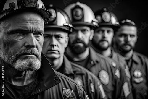 Portrait of firefighters, black and white. Generative AI © Sunshower Shots