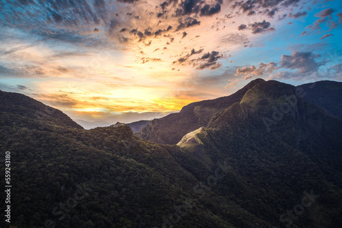 View of mountain range at World's end in Horton Plains national park in Sri Lanka. photo
