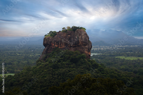 View from Pidurangala mountain to Sigiriya Lion Rock in Sri Lanka. Landscape panorama. After climb up the hill for tourists for wonderful view point to Lion Rock.