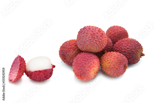 Fresh ripe lychee fruits  isolated on white background. Clipping path.