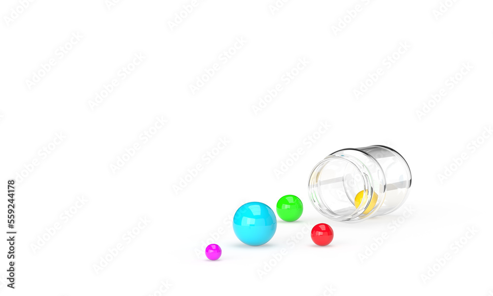 A glass jar with colorful balls. Illustration on the theme of games, consoles, entertainment, holiday. Minimal style, 3d rendering. White background.