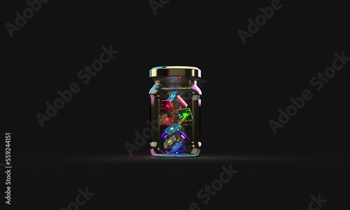 A jar with glowing confetti crystals. 3d rendering of illustrations on the theme of a holiday, games, gifts. Modern minimal style.