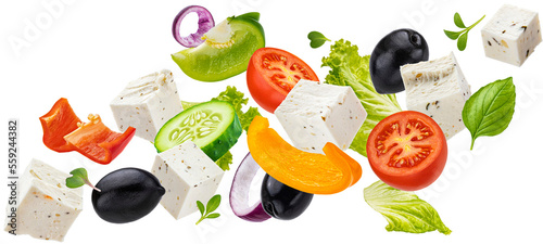 Fotografia Falling greek salad isolated