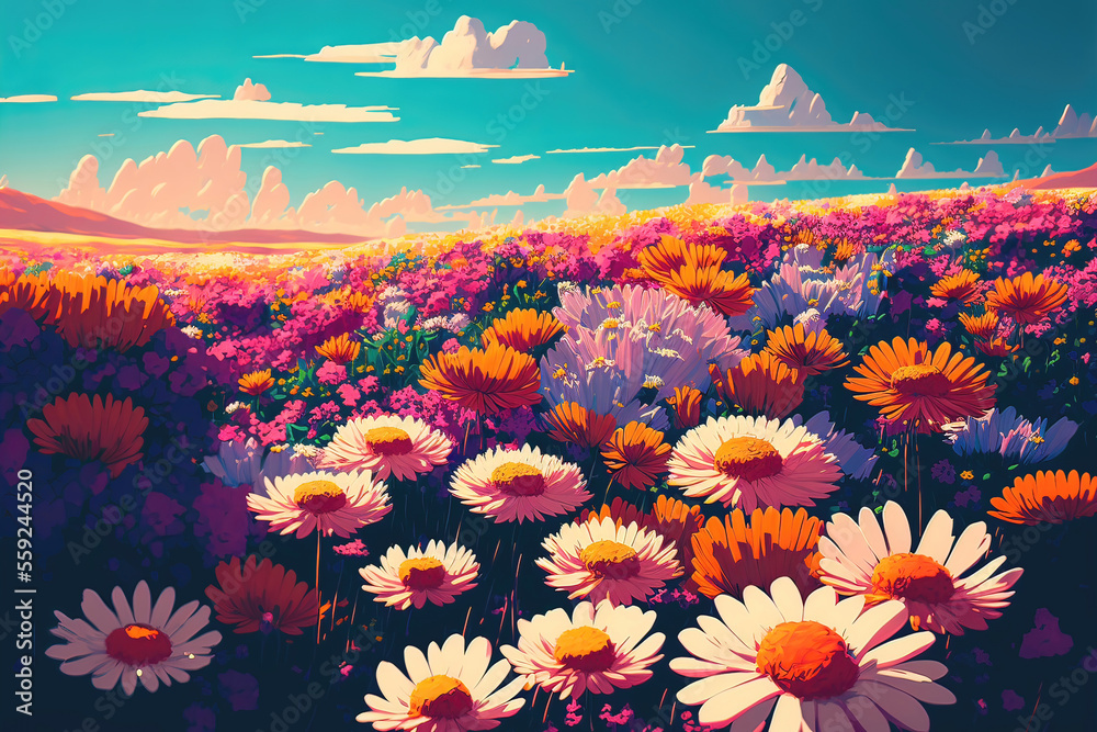 Abstract background field of colorful flowers blooming in the warm sunlight. Generative AI