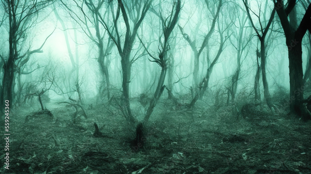 The scary inside in the fog 3d-rendering