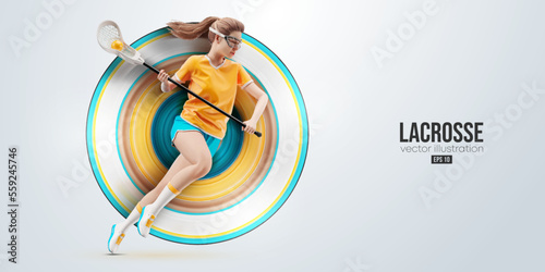 Realistic silhouette of a lacrosse player on white background. Lacrosse player woman are throws the ball. Vector illustration