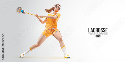 Realistic silhouette of a lacrosse player on white background. Lacrosse player woman are throws the ball. Vector illustration