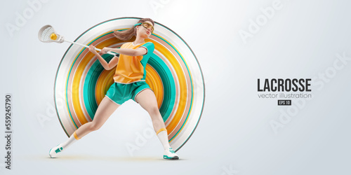 Realistic silhouette of a lacrosse player on white background. Lacrosse player woman are throws the ball. Vector illustration