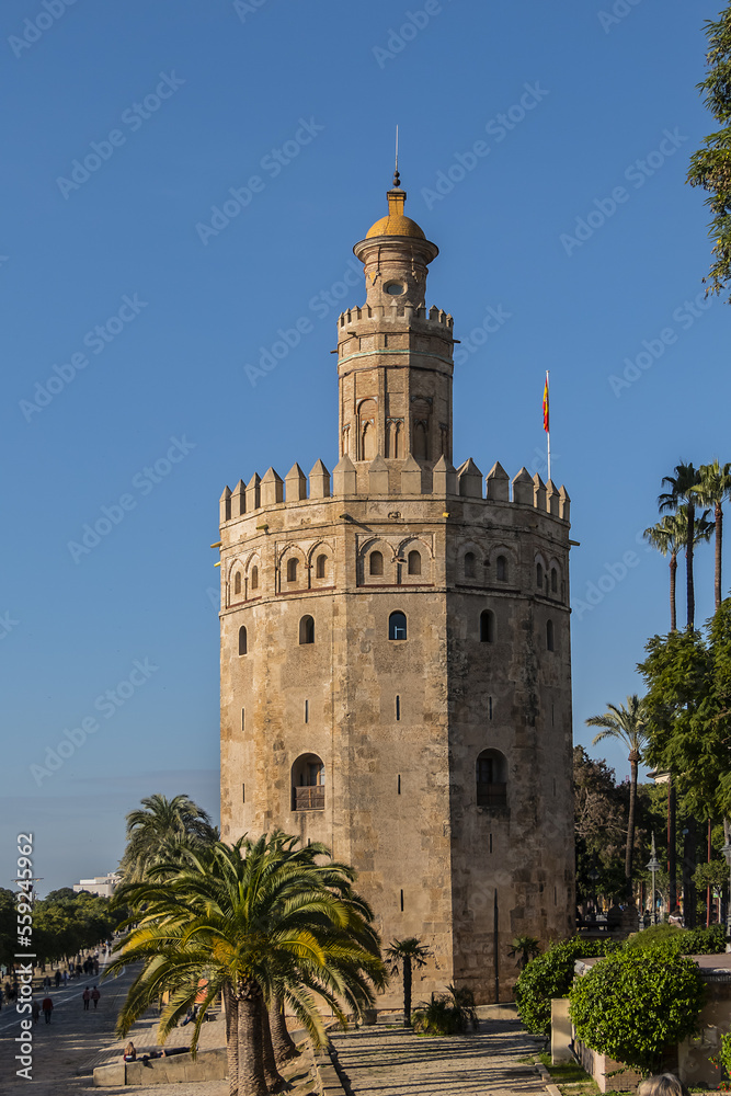 Golden Tower (Torre del Oro, from 13th century) located on the left bank of Guadalquivir River - historic military observation tower and Spanish cultural heritage monument. Seville, Andalusia, Spain.