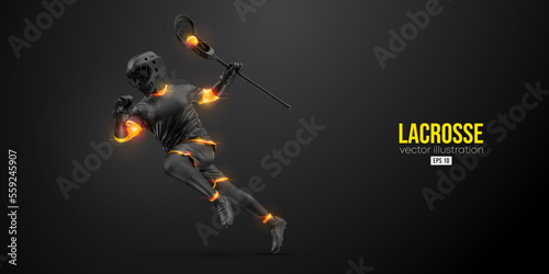 Abstract silhouette of a lacrosse player on black background. Lacrosse player man are throws the ball. Vector illustration