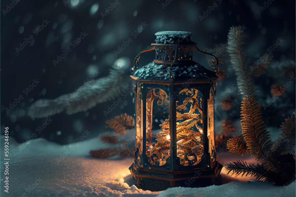 Christmas Lantern On Snow in dark With Fire Branch in the Moon. 5 Generative AI