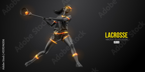 Abstract silhouette of a lacrosse player on black background. Lacrosse player woman are throws the ball. Vector illustration