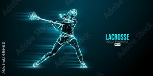 Abstract silhouette of a lacrosse player on black background. Lacrosse player woman are throws the ball. Vector illustration © Yevheniia