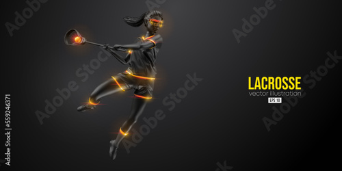 Abstract silhouette of a lacrosse player on black background. Lacrosse player woman are throws the ball. Vector illustration