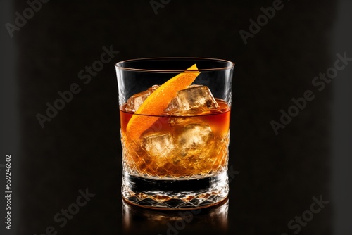 a glass of alcohol with an orange slice on the rim of it and ice cubes in the glass on the side of the glass, on a black background with a black background with a.