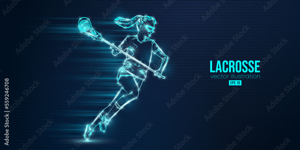 Abstract silhouette of a lacrosse player on blue background. Lacrosse player woman are throws the ball. Vector illustration
