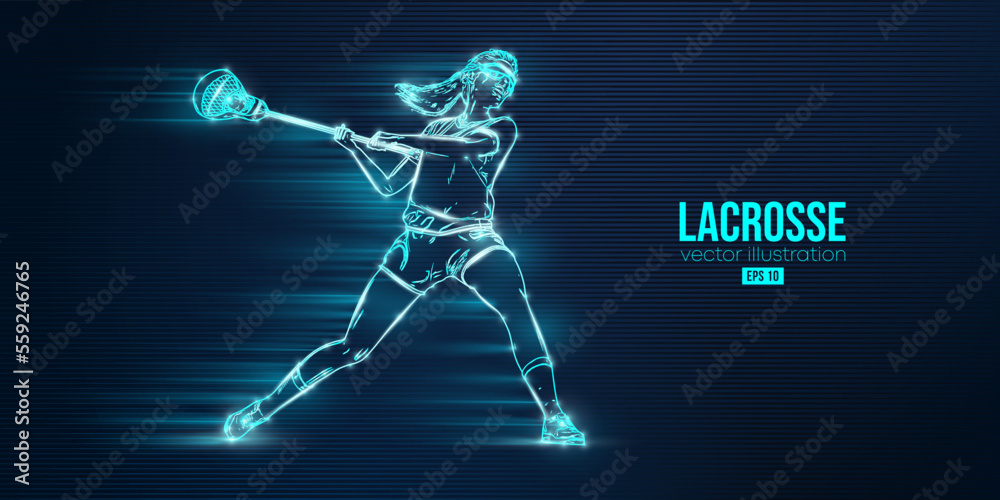 Abstract silhouette of a lacrosse player on blue background. Lacrosse player woman are throws the ball. Vector illustration