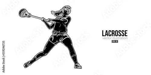 Abstract silhouette of a lacrosse player on white background. Lacrosse player woman are throws the ball. Vector illustration
