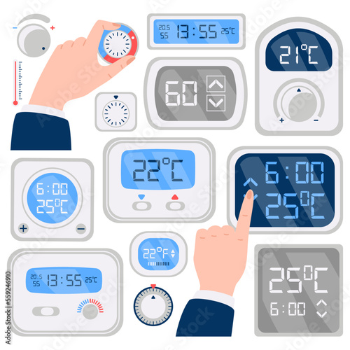Thermostats flat icons set. Temperature regulation Thermostats