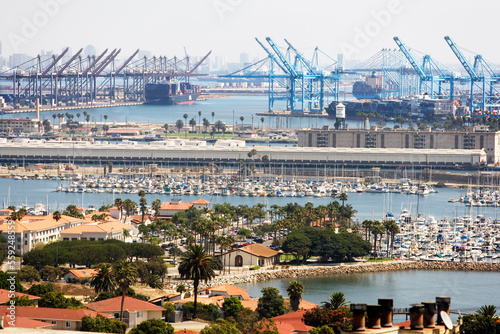 High angle view of the loading docks and cranes at the Ports of Long Beach and Los Angeles, from San Pedro, California. photo
