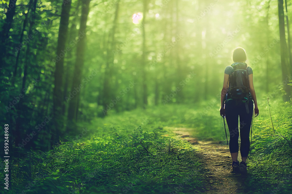 Women hiking through forest, Generative AI