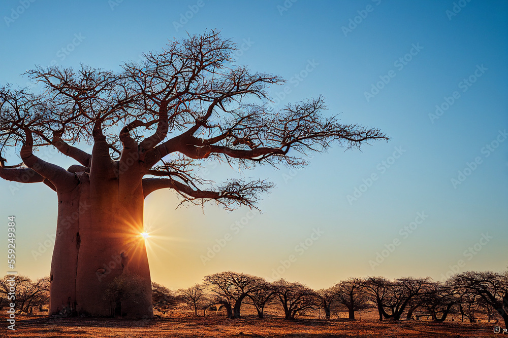 baobab on a dry sandy savannah in Africa, generative AI - obrazy, fototapety, plakaty 
