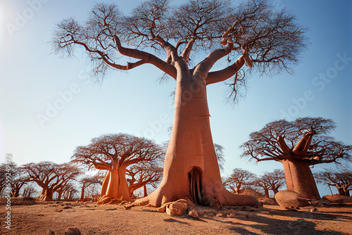 baobabs on a dry sandy savannah in Africa, generative AI