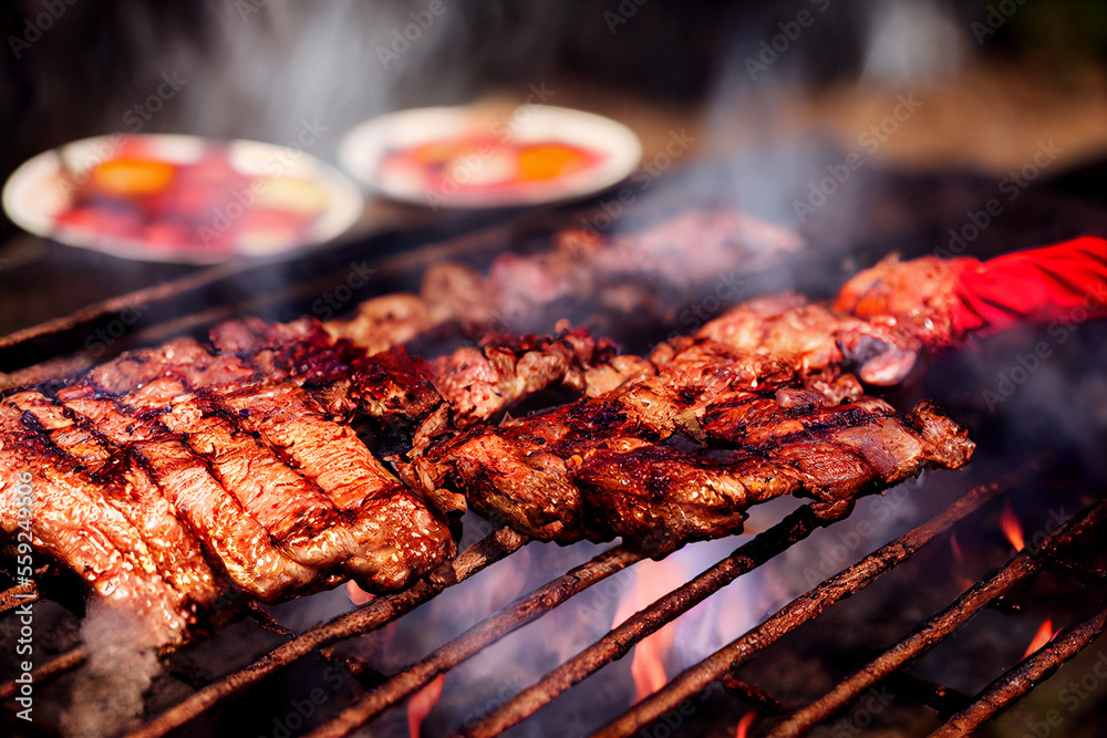 grilled meat lies on the grill, great spring summer family barbecue, generative AI