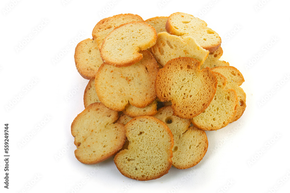 Italian bruschetta mini rounded bread chips isolated on white background high quality details Italian bruschetta mini rounded bread chips isolated on white background high quality details