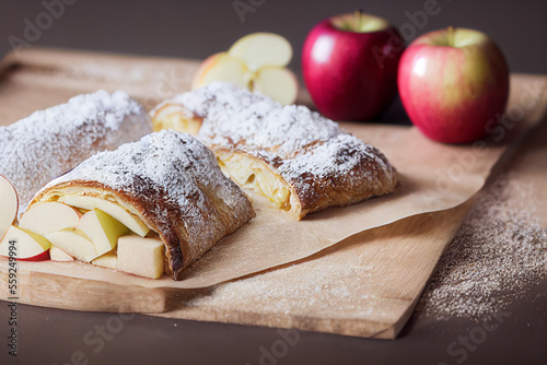 delicious apple strudel sprinkled with powdered sugar, generative AI