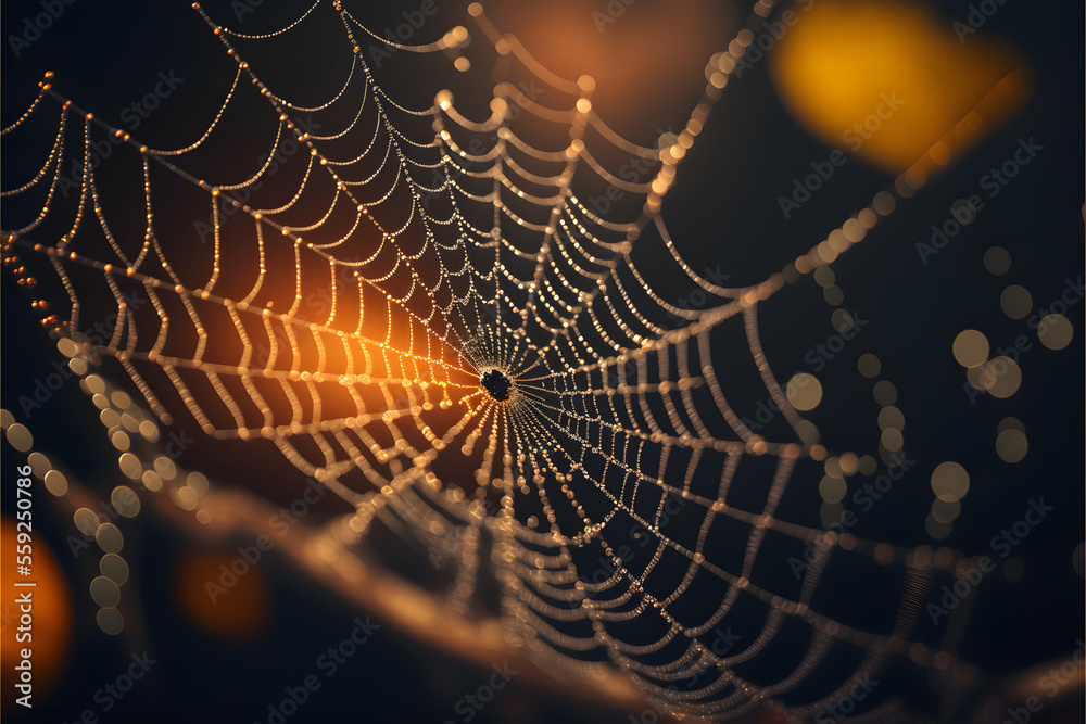 Spider web with dew drops, bokeh effect. Generative AI