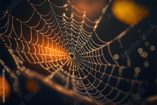 Spider web with dew drops, bokeh effect. Generative AI