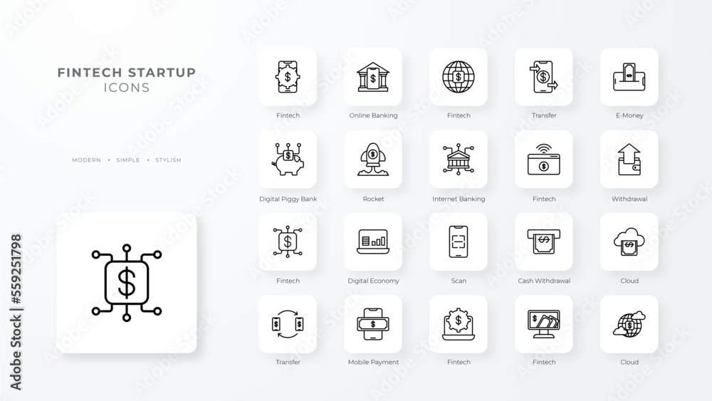 Fintech Startup Icons with black outline style