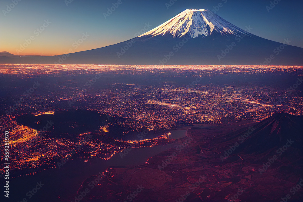 Mountain volcano with city, Generative AI