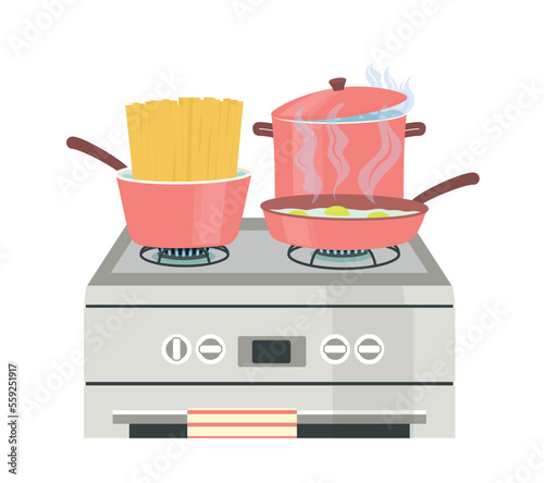 Cooking plate icon. Pink pots and pan, home cooking inventory, kitchen utensils. Graphic element for website. Cooking scrambled eggs, soup and spaghetti convcept. Cartoon flat vector illustration