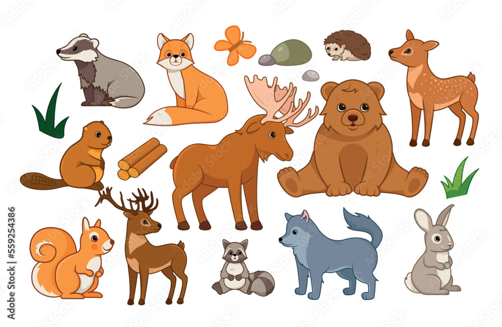 Fototapeta premium Forest animals kit. Collection of graphic elements for website. Elk, bear, squirrel and raccoon. Wolf, rabbit, beaver and hedgehog. Cartoon flat vector illustrations isolated on white background