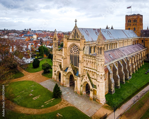 Aerial view of St Albans Cathedral in England photo