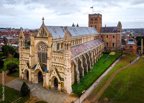 Aerial view of St Albans Cathedral in England photo