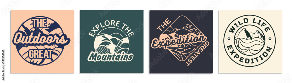 Logo camping set. Collection of graphic elements for website. Active lifestyle and extreme sports, hiking. Forest and mountains. Cartoon flat vector illustrations isolated on white background