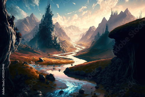 dream world, wonderland, meandering river, landscape, fantasy, fairy tale, art illustration