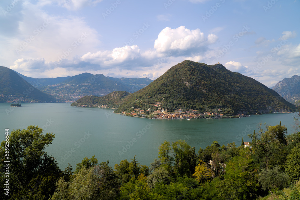A panoramic view over the Lake Iseo and the Monte Isola island in northern Italy