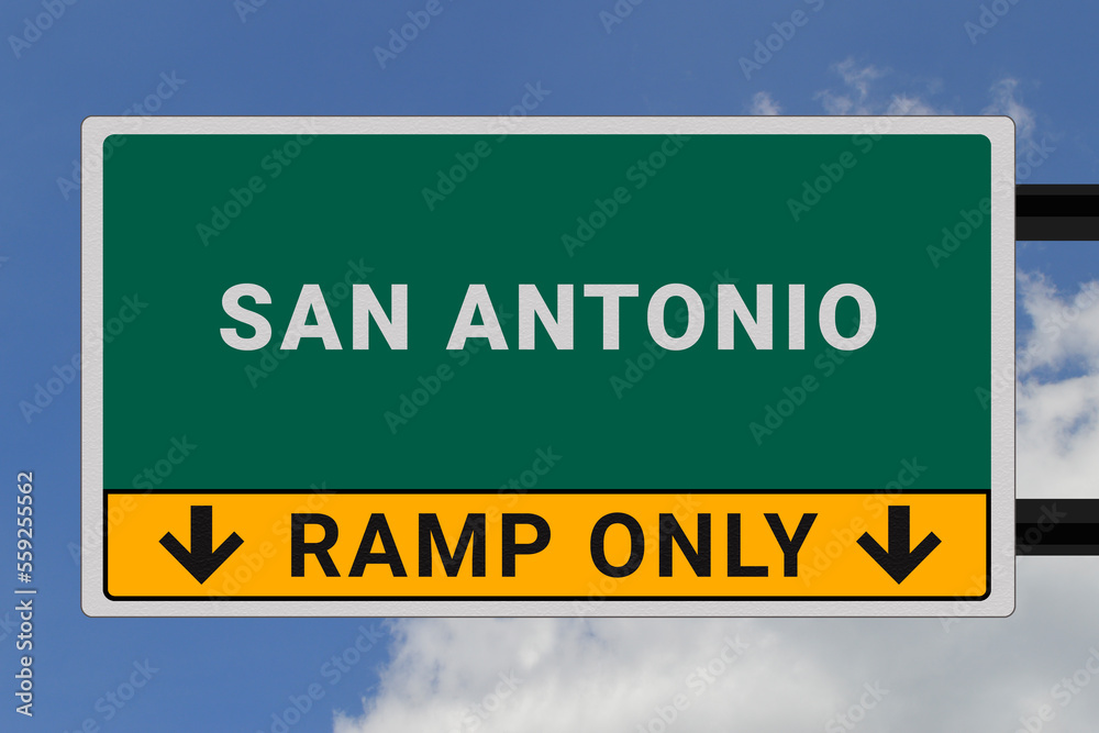 San Antonio logo. San Antonio lettering on a road sign. Signpost at entrance to San Antonio, USA. Green pointer in American style. Road sign in the United States of America. Sky in background San Antonio logo. San Antonio lettering on a road sign. Signpost at entrance to San Antonio, USA. Green pointer in American style. Road sign in the United States of America. Sky in background