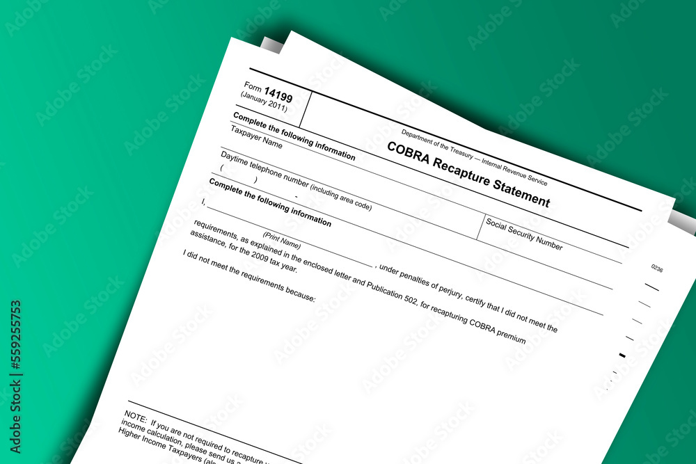 Obraz premium Form 14199 documentation published IRS USA 07.17.2012. American tax document on colored