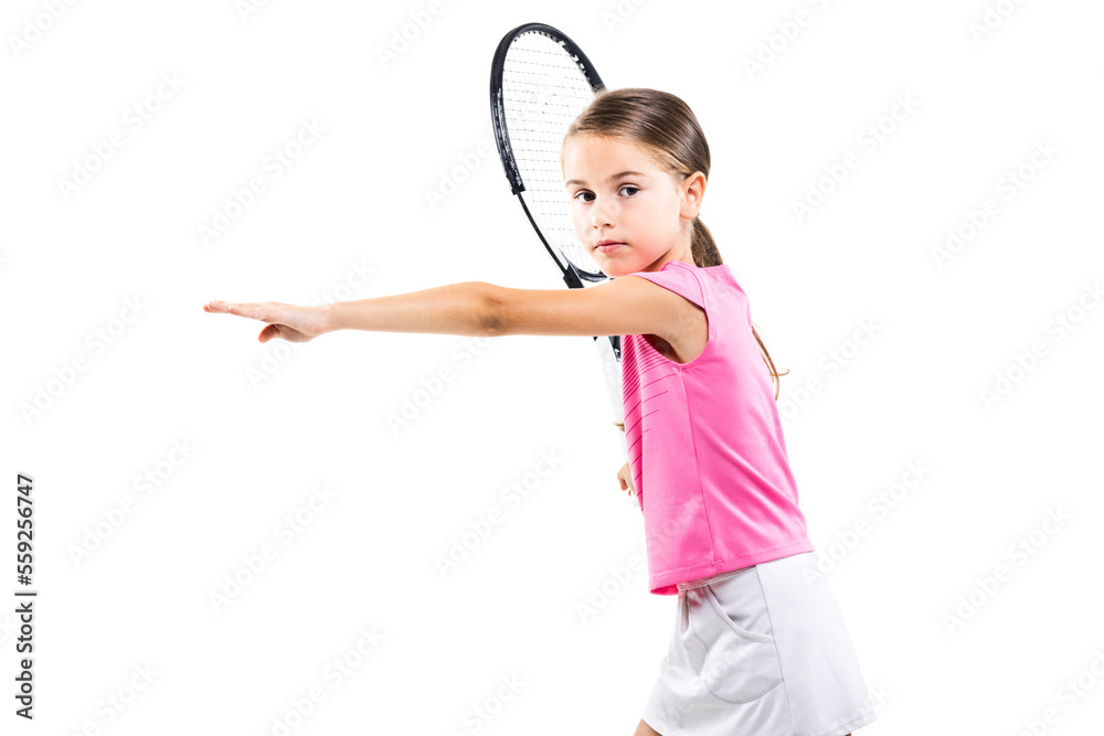 Young female tennis player in pink outfit. Little girl posing with racket and ball isolated on white background. Young female tennis player in pink outfit. Little girl posing with racket and ball isolated on white background.