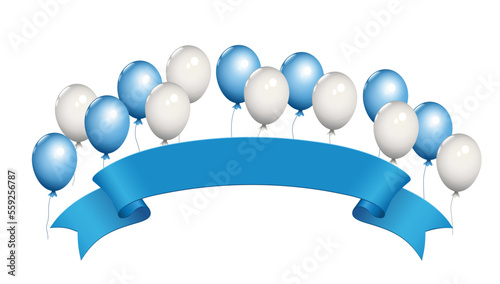 Gruppe mit fliegende blaue und weiße Luftballons und blaue blanko Banderole,
Vektor Illustration isoliert auf weißem Hintergrund
