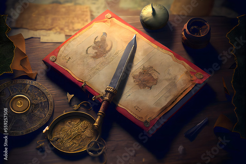 A map on a medieval tabletop with a sword and several gold coins, and a book
