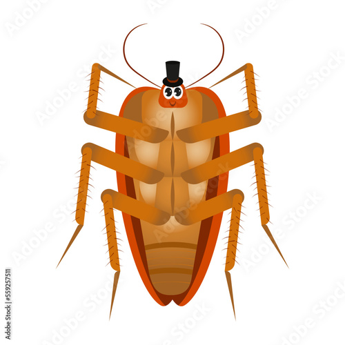 A smiling cockroach in a black hat. Vector image on a white background