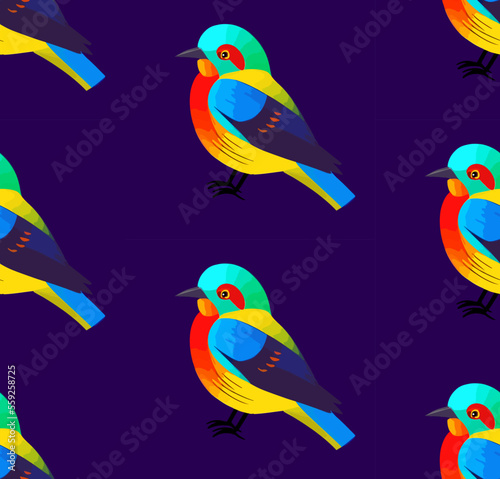 Colorful cartoon birds, hand drawn, seamless vector pattern
