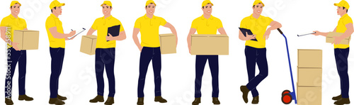 Set of hand-drawn warehouse workers with the package. Delivery guy is holding a cardboard box worker in different poses. Vector flat style illustration isolated on white. Full-length view