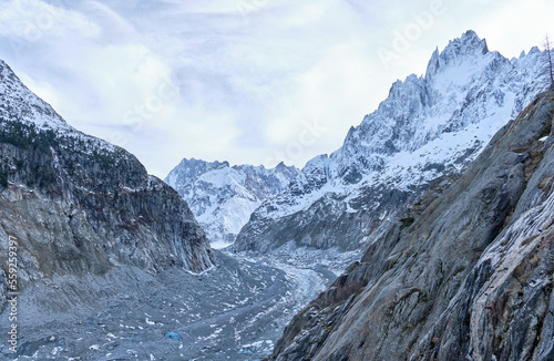 Beautiful landscape view of old glacier, Mer de Glace, from Mont Blanc massif in french Alps mountains in autumn